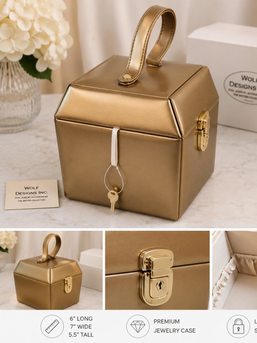 Wolf Designs Inc. Gold Locking Jewelry Case Travel Box w/ Key 6x7x5.5
